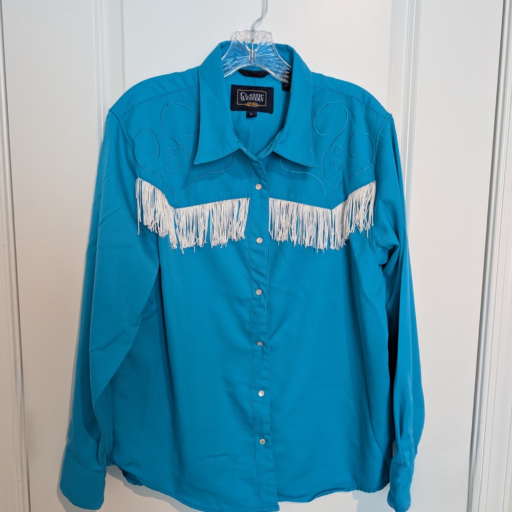 Scully Teal Western Shirt with White Fringe